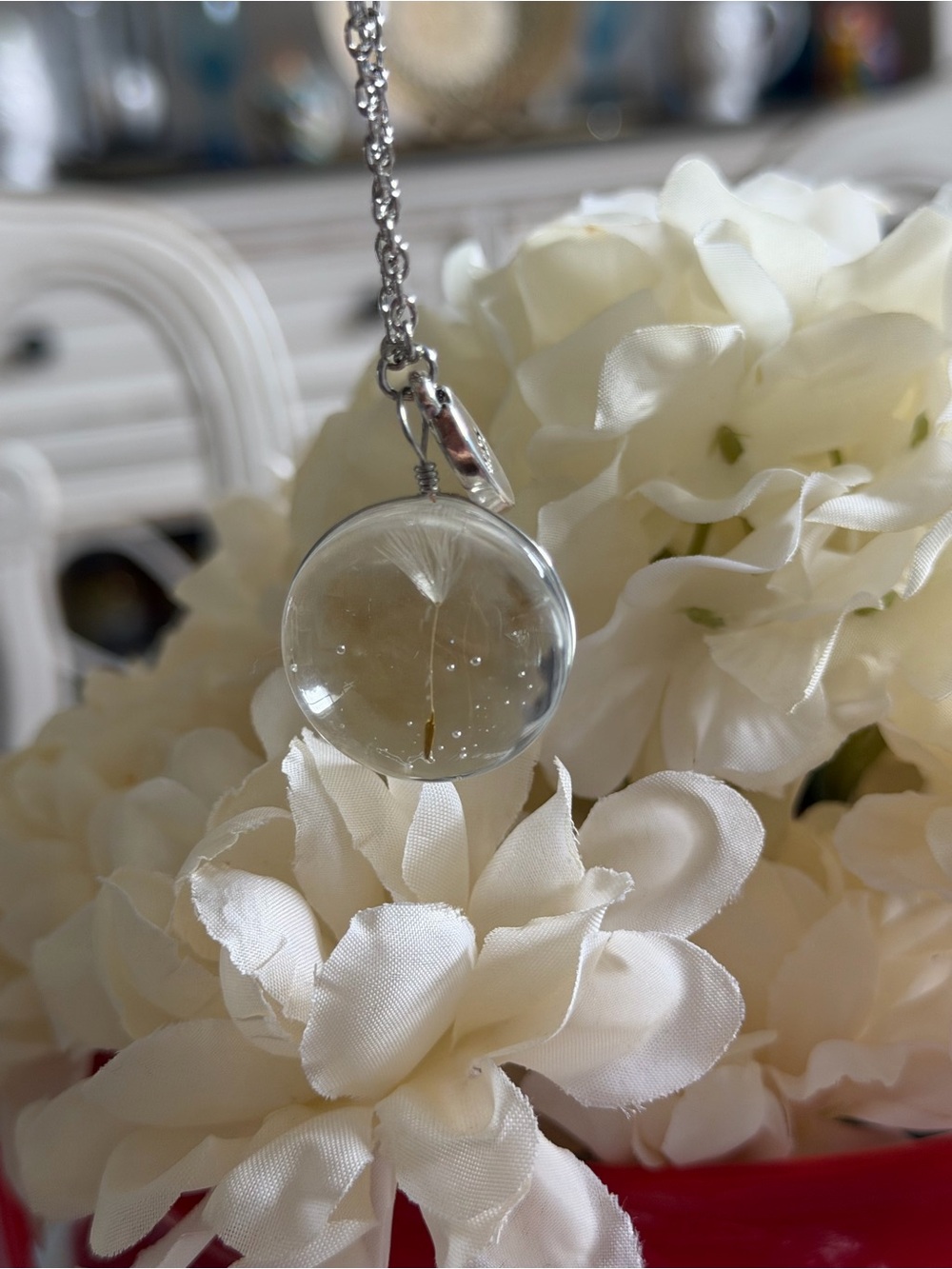 Silver Dandelion Seed Orb Necklace in Clear